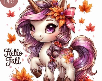 Könnte beinhalten: Eine bezaubernde Illustration eines Einhorns mit goldenem Horn, lila und rosa Haaren und herbstlichen Blumendekorationen. Das Bild zeigt den Text "Hello Fall" und verstreute Ahornblätter, die eine saisonale Atmosphäre hervorrufen.