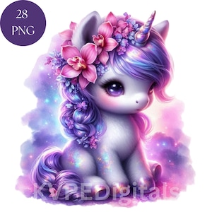 Orchideebloesem Unicorn Floral Baby Unicorn lente clipart bundel, 28 PNG bloem digitale printables, Instant Download commercieel gebruik, 300 dpi