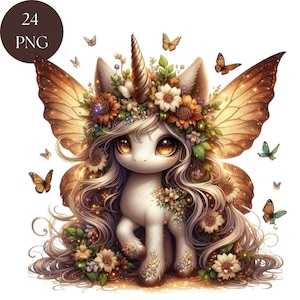 Fee Einhorn Clipart, 24 PNG Blumen Schmetterling Printables, Instant Download, digitale Wand-Dekor für kommerzielle Nutzung