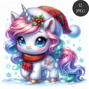 クリスマスユニコーンクリップアートバンドル、チェック柄の帽子とスカーフをつけたパステルカラーのベビーユニコーン12枚（JPEG）、冬のユニコーン、かわいいユニコーン、カラフルなユニコーンセット