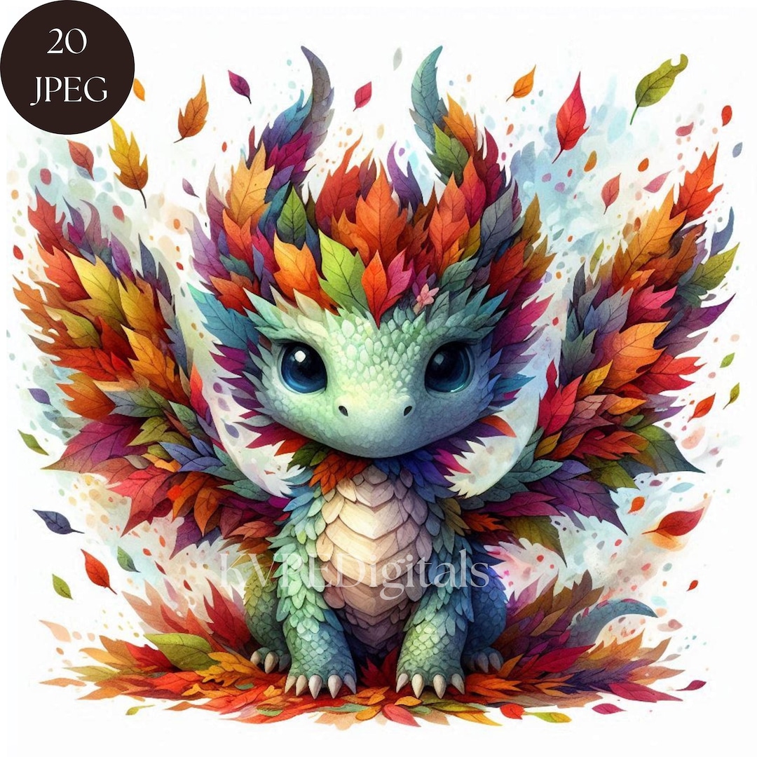 Autumn Leaf Dragon Clipart, 20 Jpeg Cute Fall Baby Dragon Digital ...