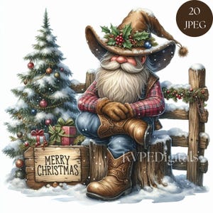 Peut inclure: Illustration &agrave; l'aquarelle d'un P&egrave;re No&euml;l cowboy portant un chapeau marron orn&eacute; de houx. Il est assis sur une cl&ocirc;ture en bois &agrave; c&ocirc;t&eacute; d'un sapin de No&euml;l d&eacute;cor&eacute; et d'une pancarte avec l'inscription "MERRY CHRISTMAS".