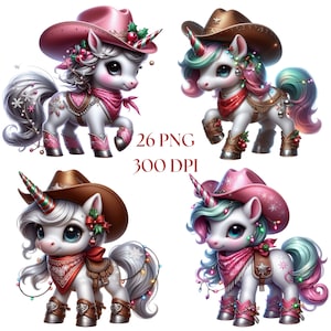Clipart de unicornio y vaquera navideña, 26 lindos PNG de vacaciones occidentales, poni con cuernos imprimible, juego de decoración de arte de pared digital de descarga instantánea festiva