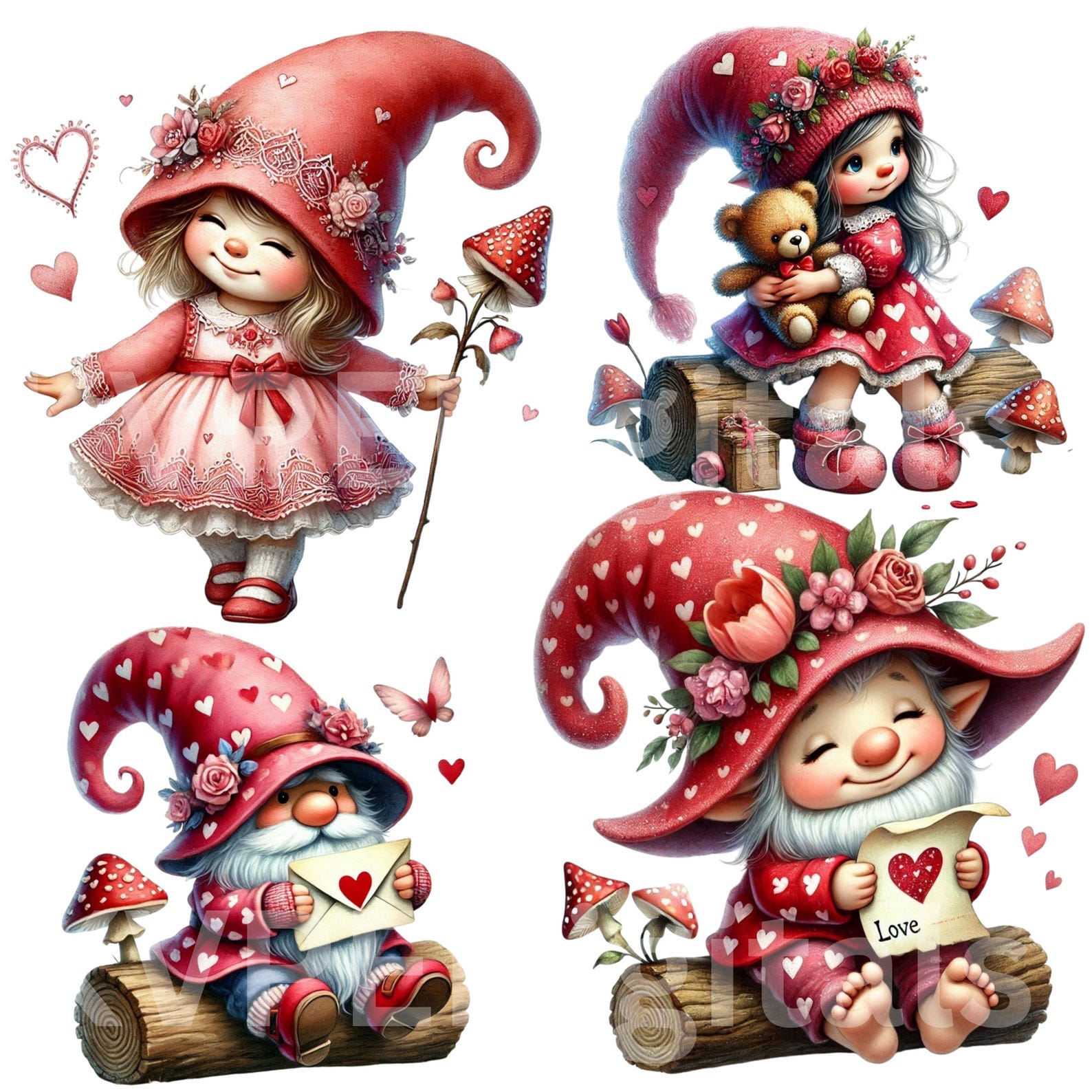 Valentine Gnome PNG Bundle Watercolor Valentines Day Clipart, 55 PNG ...