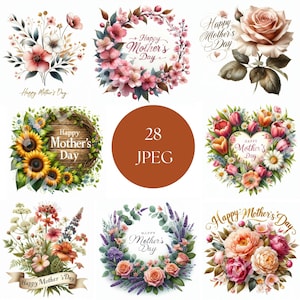 Glückliche Mutter Tag Blumen Clipart Bündel, 28 Jpeg Mom Appreciation Grafiken mit Blumen, digitale Printables, kommerzielle Nutzung, Scrapbooking