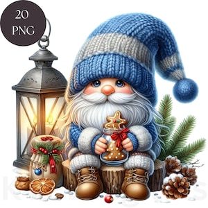 Imágenes prediseñadas de vacaciones de invierno con gnomos azules de Navidad, 20 lindos imprimibles festivos PNG, descarga instantánea de arte digital para decoración de pared, manualidades para uso comercial