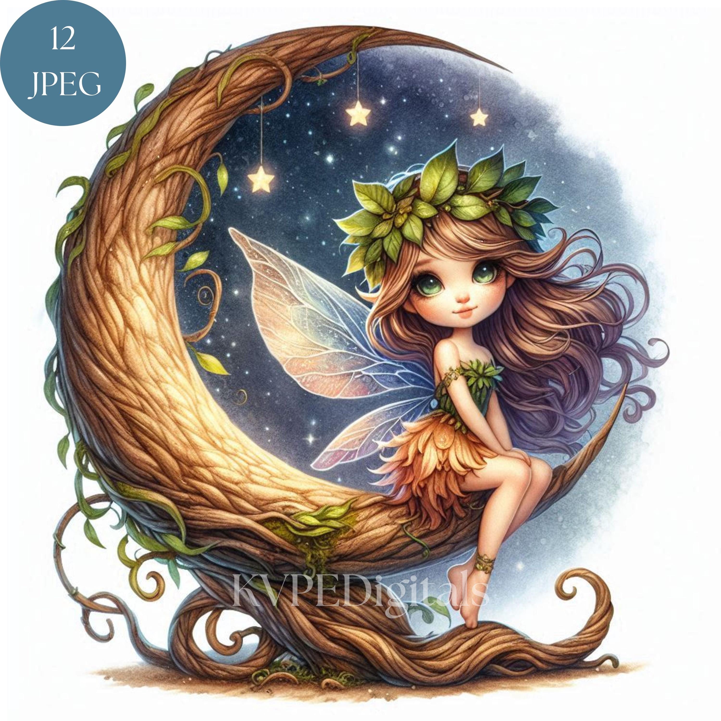 Woodland Moon Fairy, 12 Jpeg Magical Fairy Clipart Bundle, Fantasy