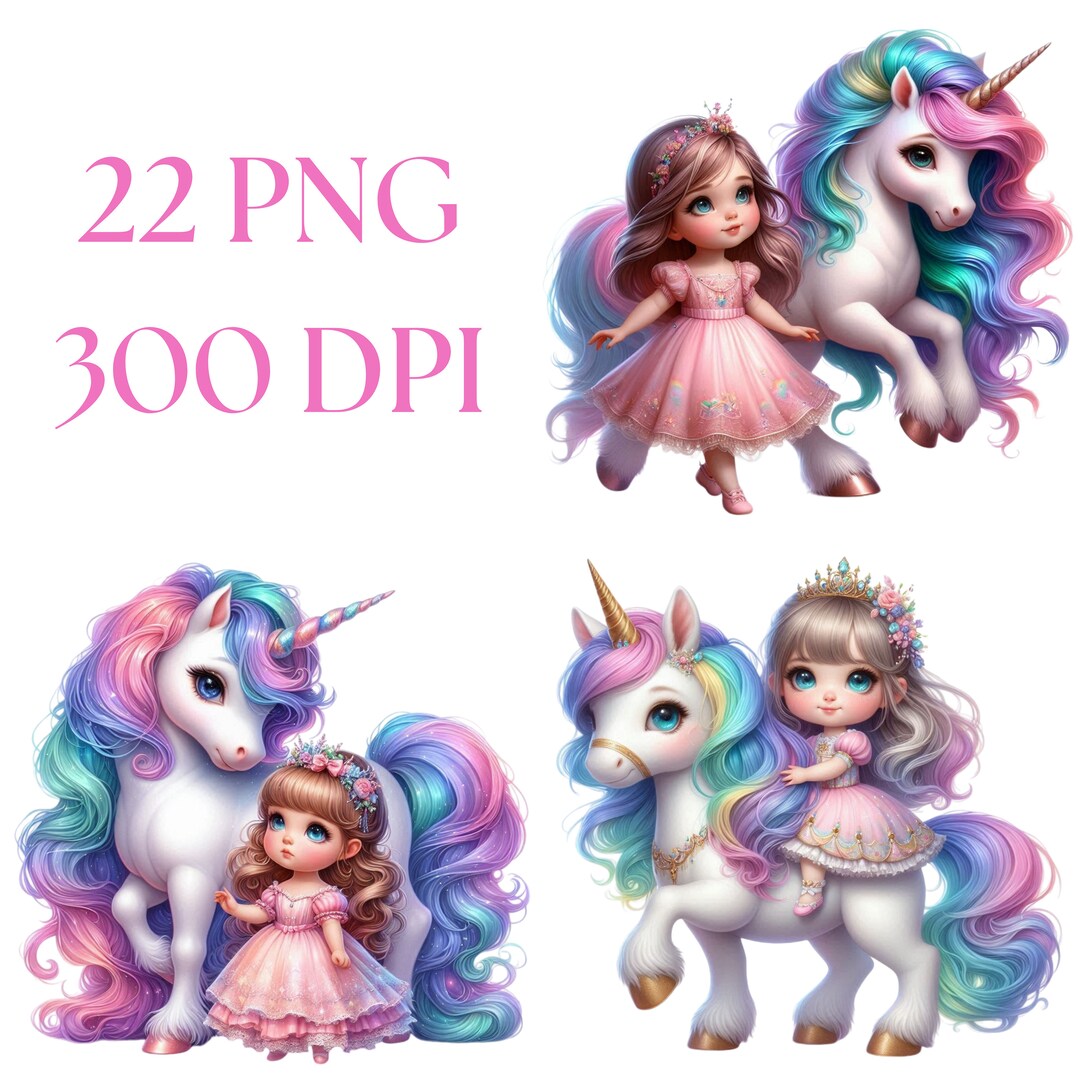 Magical Girl and Unicorn Clipart, 22 PNG Set, Adorable Fantasy ...