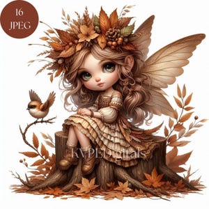 May include: A digital illustration of a fairy with large green eyes, wearing a dress and boots, and sitting on a tree stump. The fairy has brown hair and wings, and is adorned with autumn leaves. A small bird perches on a branch nearby.