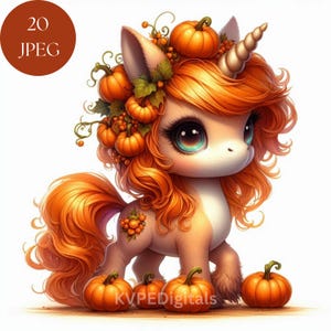 May include: A cute cartoon unicorn with orange hair and a horn, wearing a crown of orange pumpkins and leaves. The unicorn is standing on a white background with more pumpkins around it.