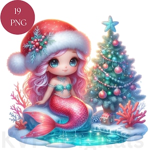Weihnachten Meerjungfrau Urlaub Sirene Aquarell Ozean Strand Thema Clipart, 19 PNG niedliche festliche FantasyDigitale Wand Kunst Dekor SofortDownload