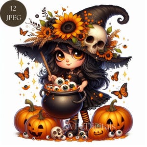 Clipart de bruja gótica de Halloween, 12 ilustraciones de fantasía otoñal peculiares y adorables en formato JPEG con calabazas, caldero mágico y sombrero de girasol negro, para uso comercial.