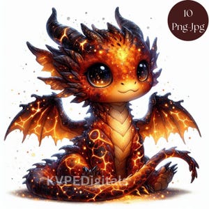 May include: A digital illustration of a cute, cartoon-style dragon with fiery orange and red scales. The dragon has large, expressive eyes and glowing accents on its wings and body. The image includes the text "10 Png-Jpg" in a brown circle and "KVPEDigitals" at the bottom.