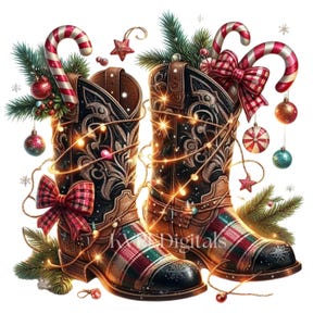 May include: A festive illustration of two cowboy boots decorated for Christmas. The boots feature intricate floral designs, plaid accents, and are adorned with ornaments, candy canes, and string lights. A red plaid bow adds a touch of holiday cheer.