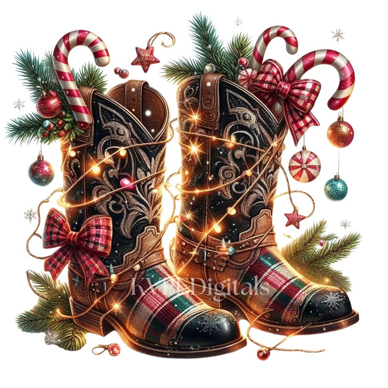 May include: A festive illustration of two cowboy boots decorated for Christmas. The boots feature intricate floral designs, plaid accents, and are adorned with ornaments, candy canes, and string lights. A red plaid bow adds a touch of holiday cheer.