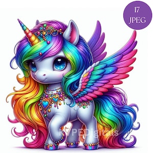 Unicornio arcoíris colorido, paquete de 17 imágenes prediseñadas de unicornios chibi bebés en formato JPEG, gráficos de criaturas mágicas, imprimibles de arte digital para uso comercial