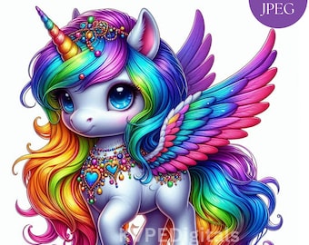Colorful Rainbow Unicorn, 17 Jpeg Cute Chibi Baby Unicorn Clipart Bundle, Magical Creatures Graphics, Commercial Use Digital Art Printables