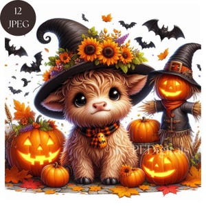 Halloweem Highland Cow Clipart, 12 Jpeg Cute Witch Cow, Spooky Halloween Animals, Trick or Treat Decor, Commercial Use Digital Downloads