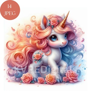 Phoenix Rose Unicorn lente bloemen baby Unicorn clipart bundel, 14 jpeg aquarel digitale printables, instant download, commercieel gebruik