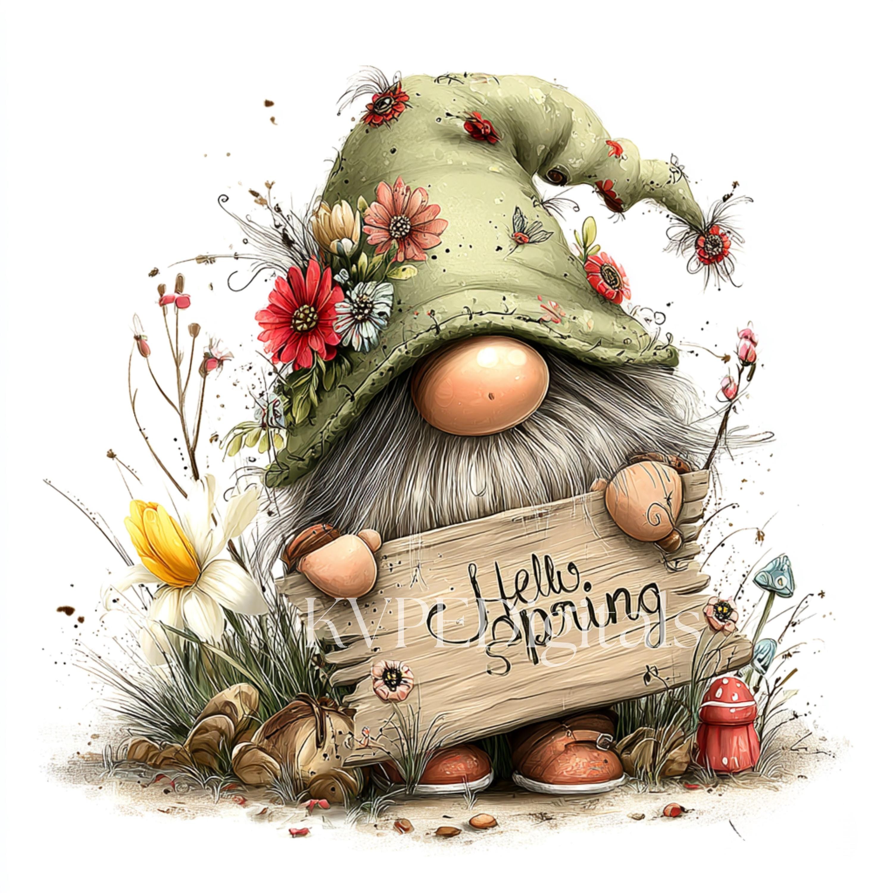 Spring Gnom Whimsical Spring Gnome Clipart, 27 PNG-JPG Spring Garden Gnome, Cute ...