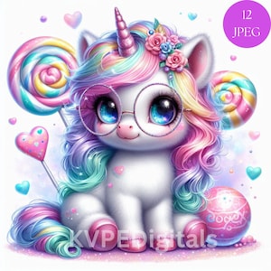 Paquete de imágenes prediseñadas de unicornio con purpurina y caramelo, 12 unicornios kawaii coloridos en formato JPEG, diseño de sublimación de unicornio pastel, arte para uso comercial