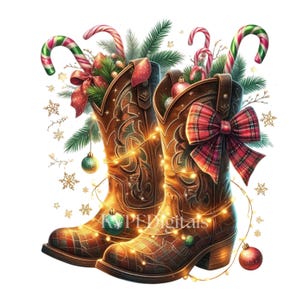 May include: A pair of brown cowboy boots decorated for Christmas. The boots are adorned with candy canes, pine branches, ornaments, and a plaid bow. A string of lights wraps around the boots, and snowflakes are scattered around the image.