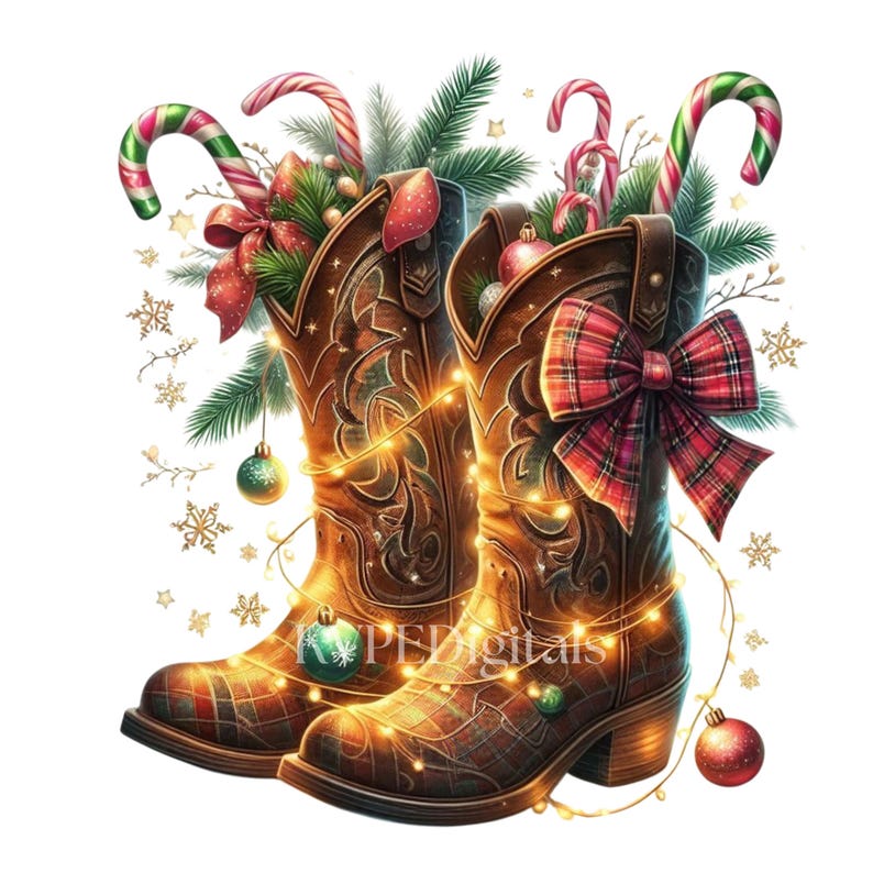 May include: A pair of brown cowboy boots decorated for Christmas. The boots are adorned with candy canes, pine branches, ornaments, and a plaid bow. A string of lights wraps around the boots, and snowflakes are scattered around the image.
