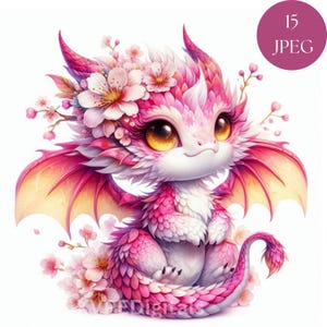 Dragón bebé con brisa de flor de primavera, 15 adorables dragones florales pastel en formato JPEG, gráficos primaverales, imprimibles digitales para decoración de pared.