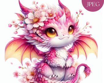 Spring Dragon Blossom Breeze Baby Dragon, 15 Jpeg Cute Pastel Floral Dragons, Springtime Graphics, Digital Wall Art Decor Printables