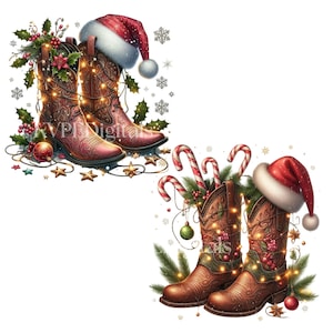 May include: Two pairs of cowboy boots, one in shades of red and the other in brown, are decorated for Christmas. Each pair has a Santa hat, holly, lights, and ornaments. Candy canes and stars complete the festive scene.