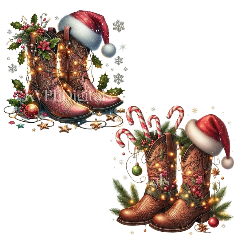 May include: Two pairs of cowboy boots, one in shades of red and the other in brown, are decorated for Christmas. Each pair has a Santa hat, holly, lights, and ornaments. Candy canes and stars complete the festive scene.