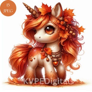 Unicornio bebé de otoño, paquete de 15 imágenes prediseñadas de unicornio de otoño en formato JPEG, unicornio de cosecha de otoño, gráficos de Acción de Gracias, descarga de arte digital para uso comercial