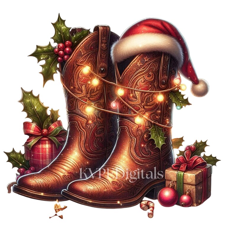 May include: A pair of brown cowboy boots decorated for Christmas. The boots are adorned with holly, a Santa hat, and a string of lights. Presents and ornaments complete the festive scene.