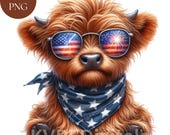 Patriotic Highland Cow 4th of July 20 PNG, USA Flag Highland Cow Clipart Bundle, Independence Day Graphics, Sublimation, Paper Crafts Prints