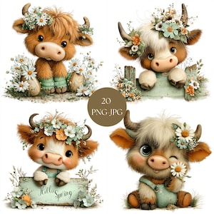 May include: A digital art print featuring four adorable cartoon Highland cows. Each cow is brown and white, adorned with flower crowns and overalls. One cow holds a sign that says "Hello Spring". The image includes a circle with the text "20 PNG-JPG".