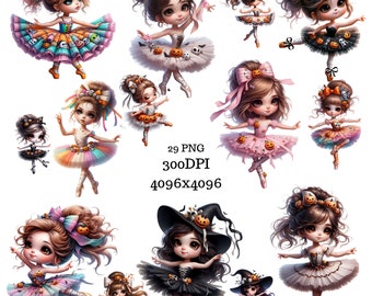 May include: A set of 12 digital illustrations of cute, cartoon-style ballerinas dressed in Halloween costumes. The ballerinas are wearing tutus, tights, and shoes. Some are wearing witch hats, while others have pumpkin-themed accessories. The illustrations are in a whimsical style and would be perfect for use in digital scrapbooking, card making, or other creative projects.