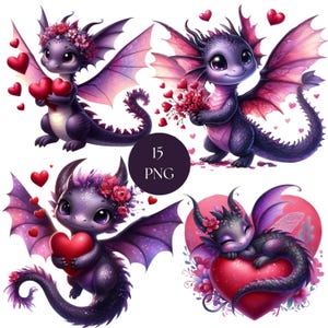 May include: A digital illustration featuring four adorable purple dragons with pink wings and floral accents. Each dragon is holding hearts or flowers, with a "15 PNG" graphic in the center. The dragons are designed in a cute, cartoon style.