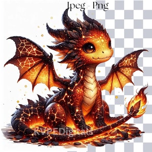 May include: A digital illustration of a friendly, cartoon-style dragon. The dragon is primarily orange and red, with glowing accents on its wings and body. It has large, expressive eyes and a small flame at the end of its tail. The image has the text "Jpeg - Png" at the top.
