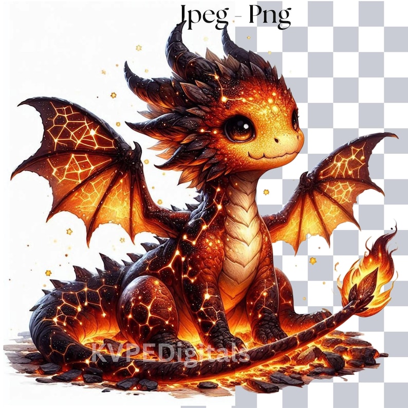 May include: A digital illustration of a friendly, cartoon-style dragon. The dragon is primarily orange and red, with glowing accents on its wings and body. It has large, expressive eyes and a small flame at the end of its tail. The image has the text "Jpeg - Png" at the top.