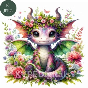 May include: A digital illustration of a friendly dragon with large green eyes, adorned with a floral crown and surrounded by colorful flowers and butterflies. The dragon has pink, purple, and green scales. The image includes the text "16 JPEG" in a green circle and "KVPE Digitals".