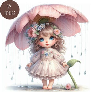 Nain de pluie de printemps, nain floral mignon, lot de cliparts aquarelle, 15 impressions numériques Jpeg, usage commercial, décoration d'artisanat en papier de scrapbooking