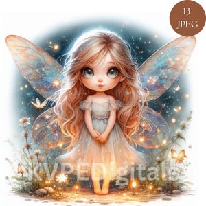 May include: A digital illustration of a fairy with large eyes, long flowing brown hair, and translucent wings. The fairy is wearing a light blue dress and is surrounded by glowing lights and butterflies. The image has a soft, dreamy quality.