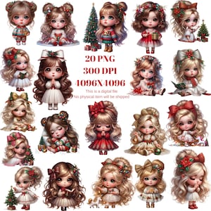 Angelitos navideños de Chibi Girls Carolings Clipart, 20 lindos PNG festivos festivos alegres imprimibles, descarga instantánea de arte digital para pared