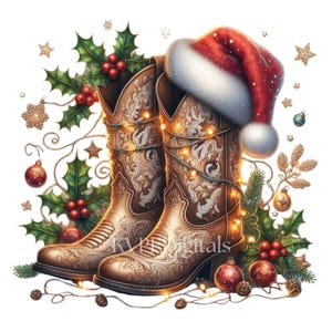 May include: A festive illustration featuring a pair of brown cowboy boots adorned with intricate floral patterns and wrapped in string lights. A red Santa hat with white trim rests on one boot. Holly, berries, and Christmas ornaments complete the holiday theme.