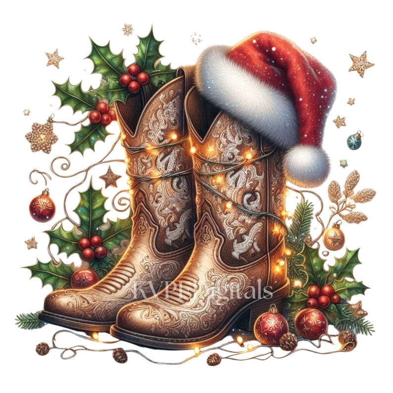 May include: A festive illustration featuring a pair of brown cowboy boots adorned with intricate floral patterns and wrapped in string lights. A red Santa hat with white trim rests on one boot. Holly, berries, and Christmas ornaments complete the holiday theme.