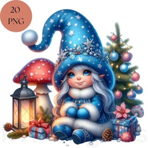 Gnomo di Natale Ragazza Gnomo Blu Invernale Stravagante Clipart, 20 Carino PNG Festivo Festa Arte Digitale da Parete Download Istantaneo Stampabili, Artigianato