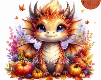 Autumn Baby Dragon, 11 PNG-JPG Fall Dragon Clipart Bundle, Thanksgiving Dragon, Pumpkin Season Dragon, Autumn Harvest Dragon, Commercial Use