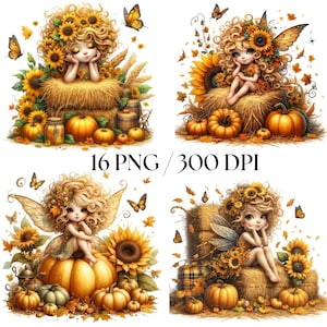 May include: Four digital illustrations of fairies sitting on hay bales with pumpkins and sunflowers. Each fairy has blonde hair, wings, and a sunflower crown. The text "16 PNG / 300 DPI" is at the bottom of the image.