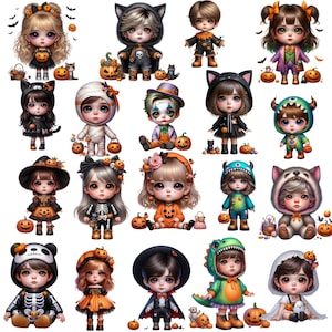 Cute Halloween Clipart Set, 68 Trick or Treat PNG, Spooky Chibi Kids Character Printables, Instant Download Digital Wall Decor,Scrapbooking