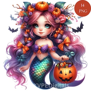 Halloween Meerjungfrau, 14 PNG gruselige Meerjungfrau Clipart-Bundle, unter dem Meer Halloween Süßes oder Saures, Halloween Sirene Kommerzielle Nutzung Downloads